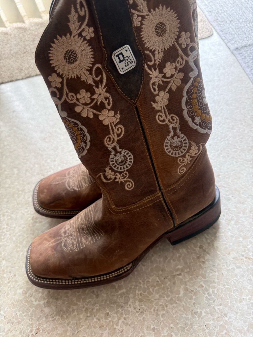 Brown Embroidered Western Cowboy Boots with Floral Accents